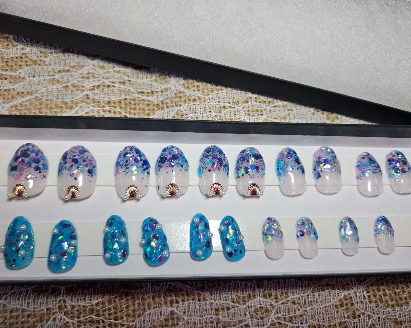 Mermaid nails 🧜‍♀️🐚🩵🪸✨️ short round - ready to ship