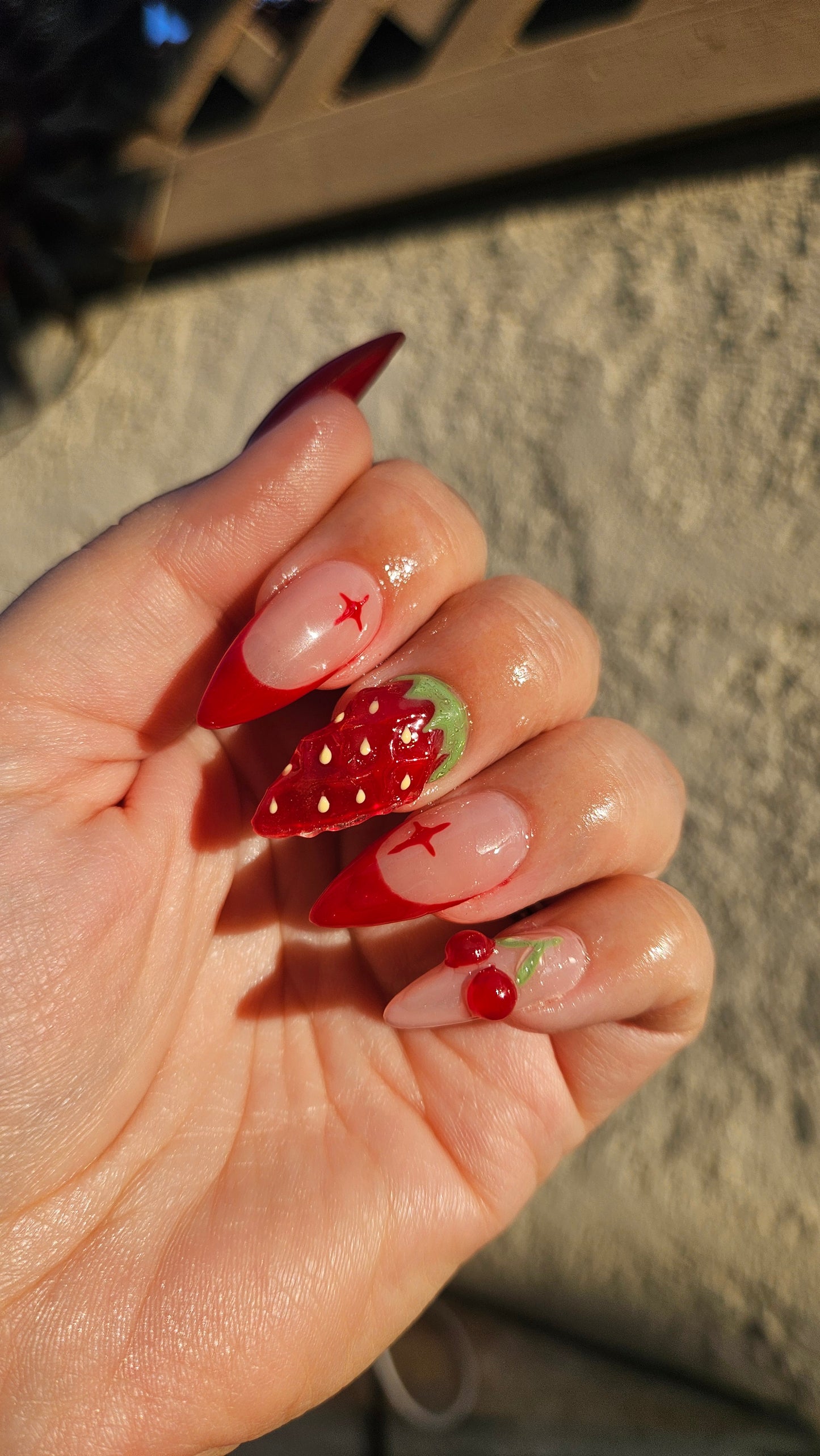 A 3D strawberry and cherry set  🍓🍒 (can make any shape and length you like) This is medium stiletto