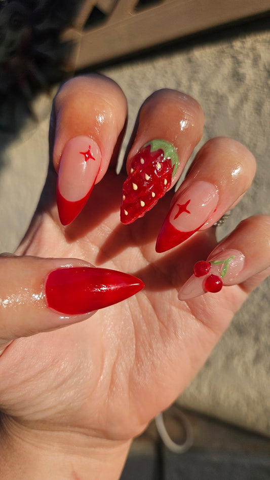A 3D strawberry and cherry set  🍓🍒 (can make any shape and length you like) This is medium stiletto